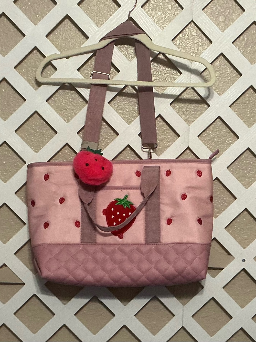 Under One Sky Pink Strawberry Large Canvas Tote Bag with Plush Charm